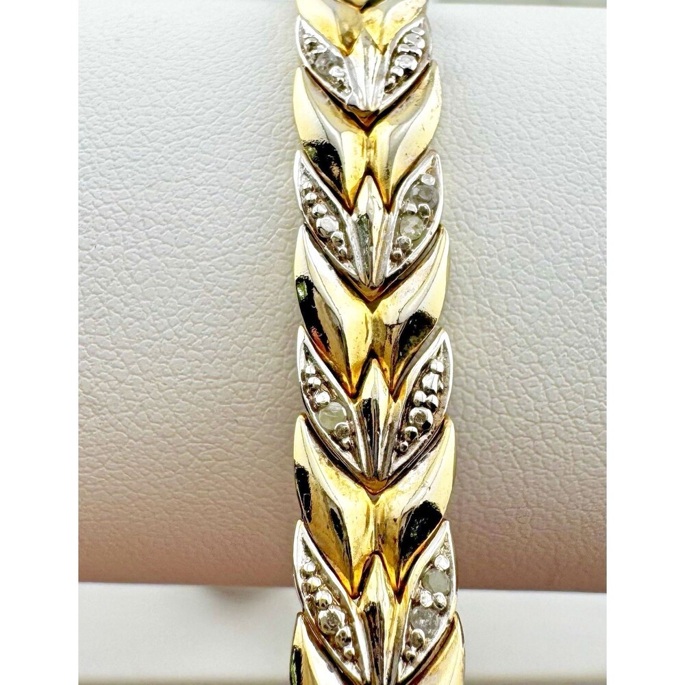 24kt Over Sterling Silver Two Tone Diamond 7" Tennis Bracelet Signed FAS